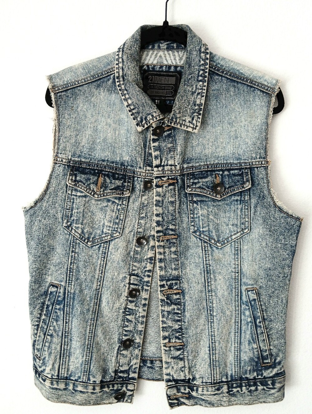 21 MEN Acid Wash Denim VEST Slim Sleeveless Jean Jacket Grunge Punk Men's Size S